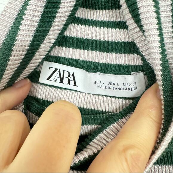 Zara Green & Pink Striped Cropped Long Sleeve Turtleneck Sweater Womens L Ribbed - Picture 5 of 7